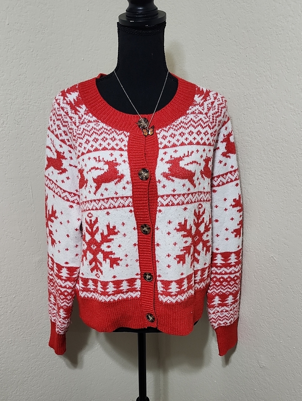 Dec. 25th Reindeer Snowflake Fair Isle Christmas Cardigan Sweater - Women's Sz L